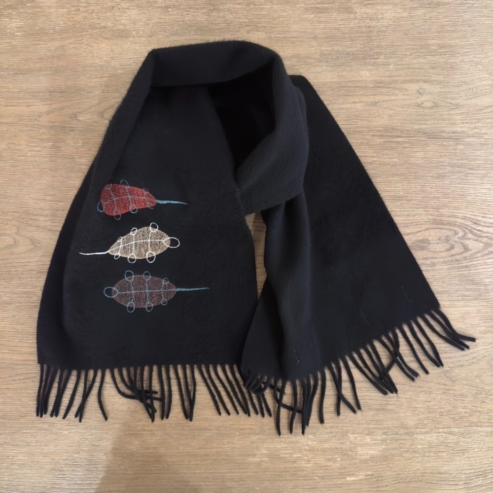 100% Lambswool Scarf Made In Great‎ Britian-Black-Em Embroidery London-56" x 11"